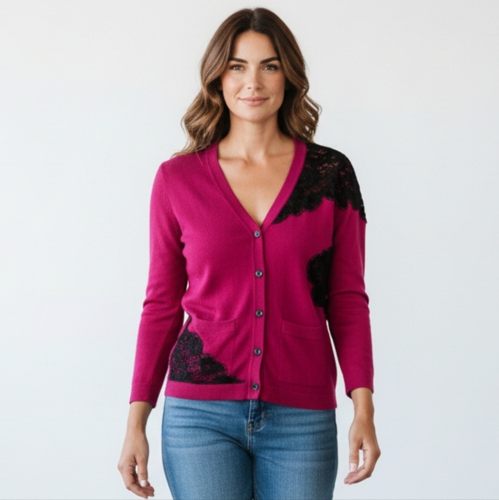 Yoana Baraschi Fuchsia Cardigan with Black Lace Detail